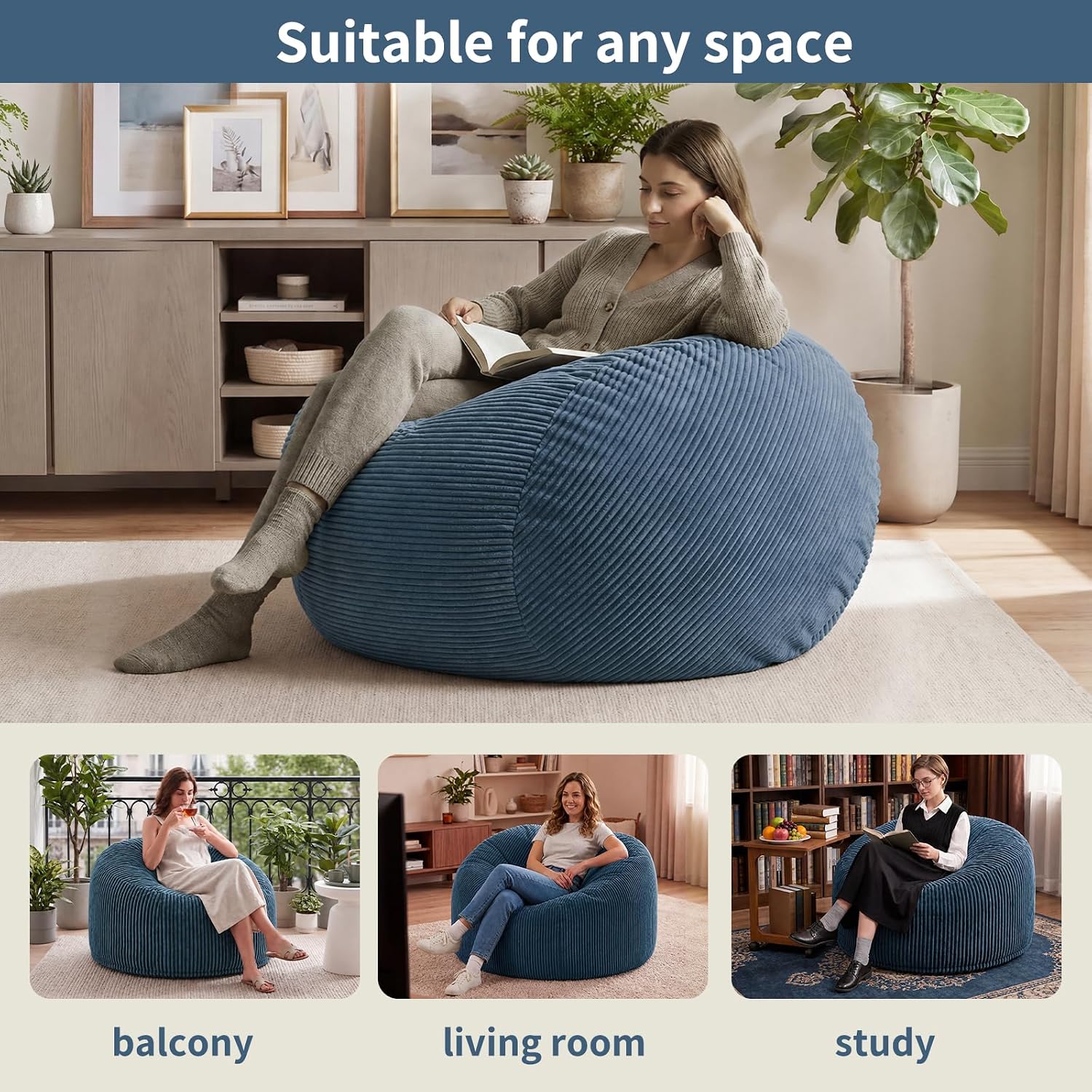 3FT Bean Bag Chairs for Adults, Medium Memory Foam Beanbags with Machine-Washable Wide Stripe Plush Cover Bean Bag Chair for Living Room Bedroom Dorm Office-Dusty Blue