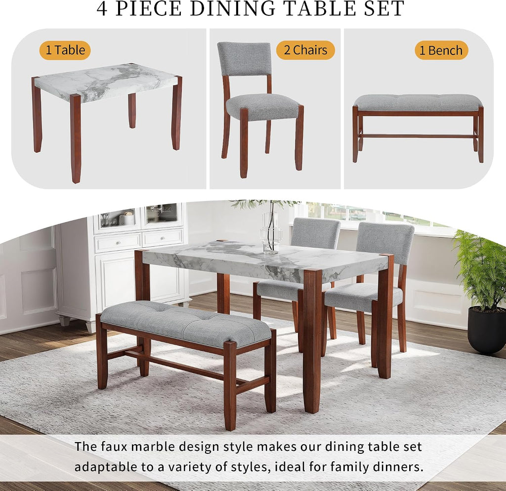 Merax 4 Piece Dining Table Set, Faux Marble Table and 2 Upholstered Chairs 1 Bench, 4 Person Dinette Set for Kitchen, Dining Room, Space-Saving, Gray