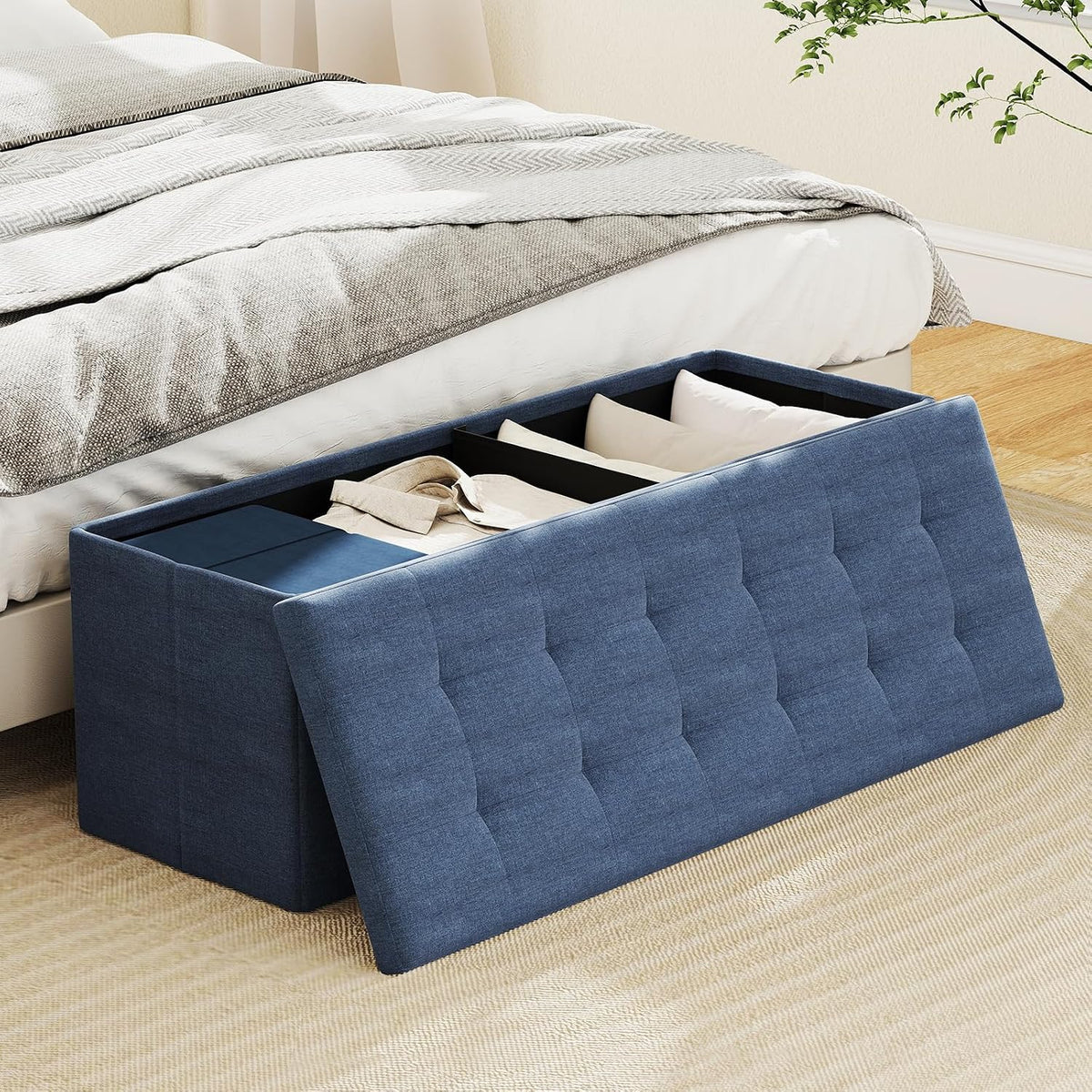 GOFLAME 43 Inches Folding Storage Ottoman Bench, Linen Fabric End of Bed Bench with Padded Seat and Side Pocket, Large Foot Rest Stool, Storage Chest for Entryway, Living Room, Bedroom, Blue