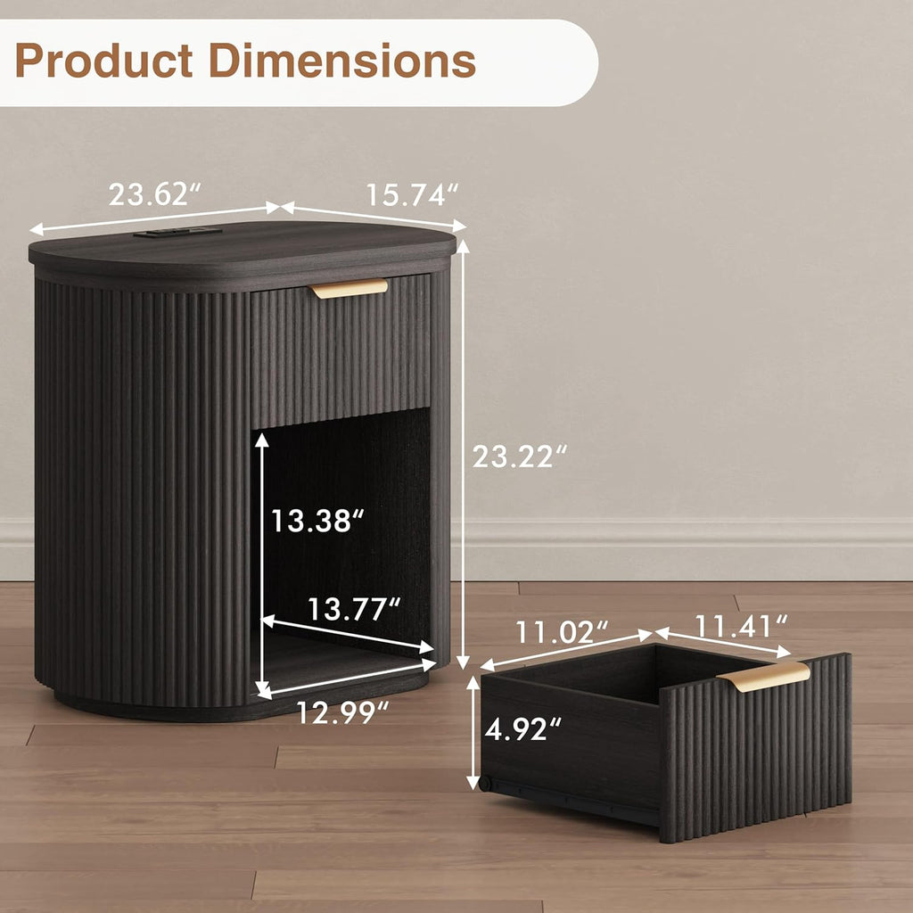 MECHYIN Fluted Nightstand with Charging Station Large 23.6" Round Bedside Table,Black