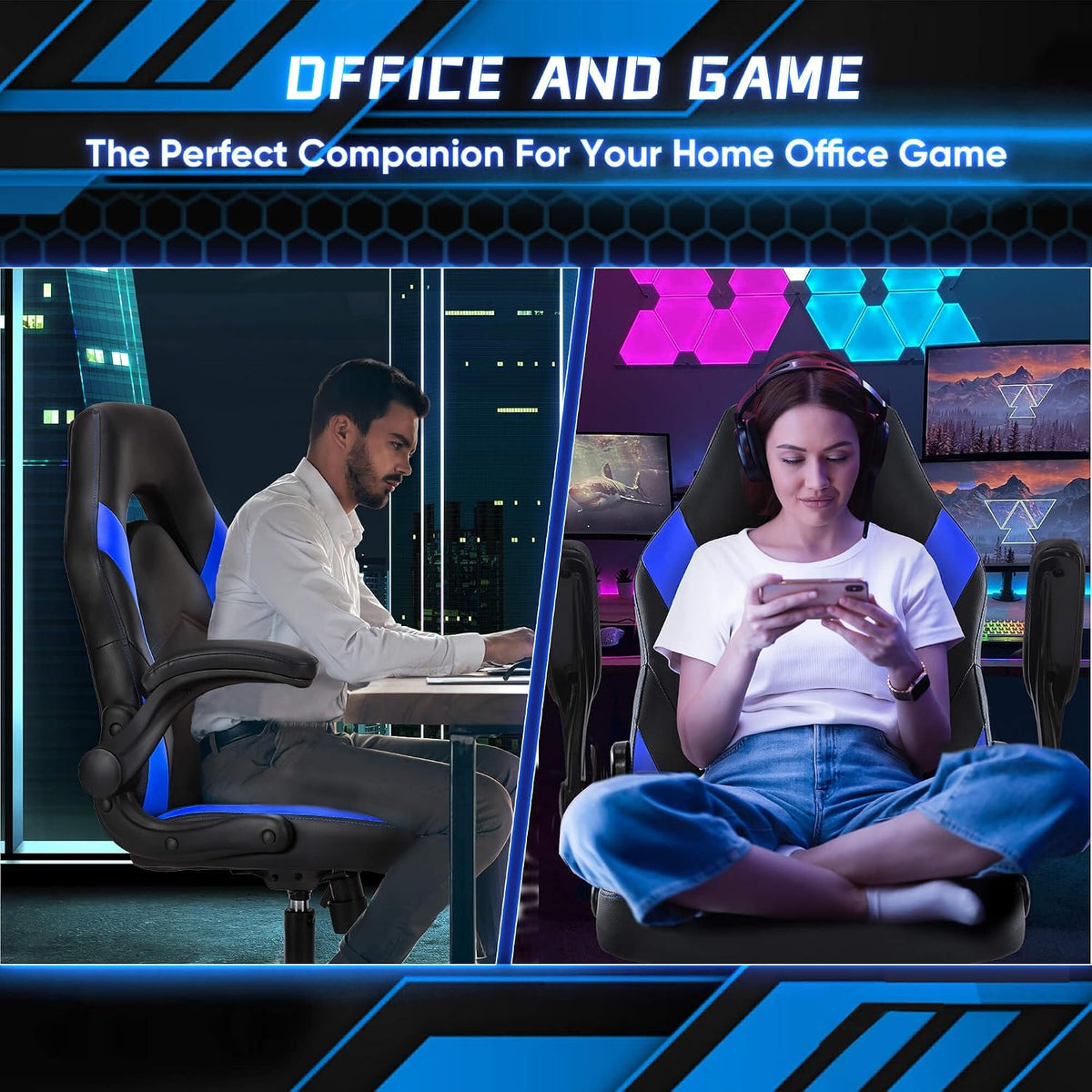 OLIXIS Computer Gaming Chair, Lumbar Support, PU Leather | 360° Swivel Wheels, Height Adjustable, Flip-up Armrest, Ergonomic Home Office Desk, Video Racing, Black and Blue