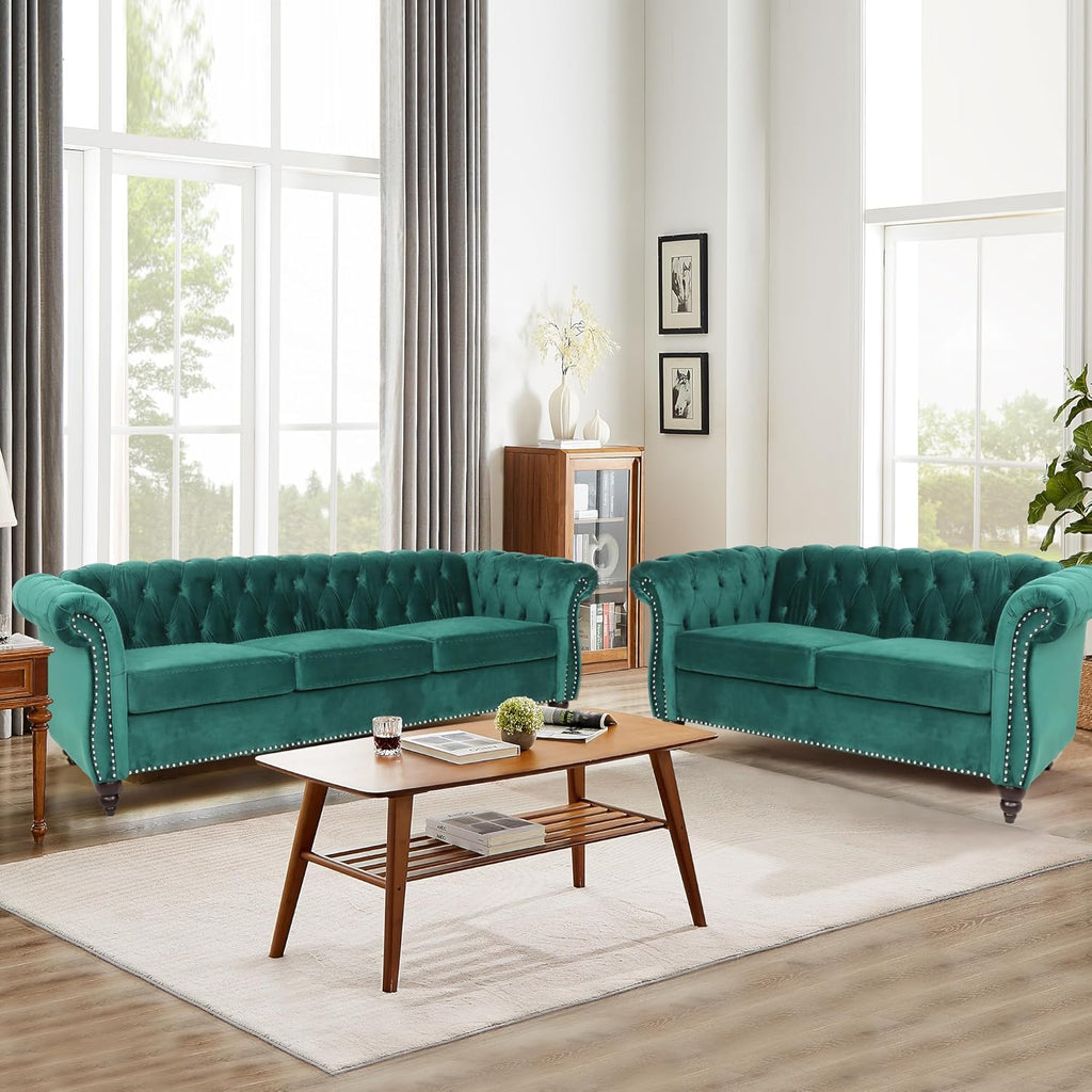 Velvet Sofa Couches Set, 3-Piece Mid Century Modern Upholstered Couch with Cushions, Home Sofa Sectional Furniture Sets, Comfy Tufted Chesterfield Couches for Living Room, Bedroom, Office