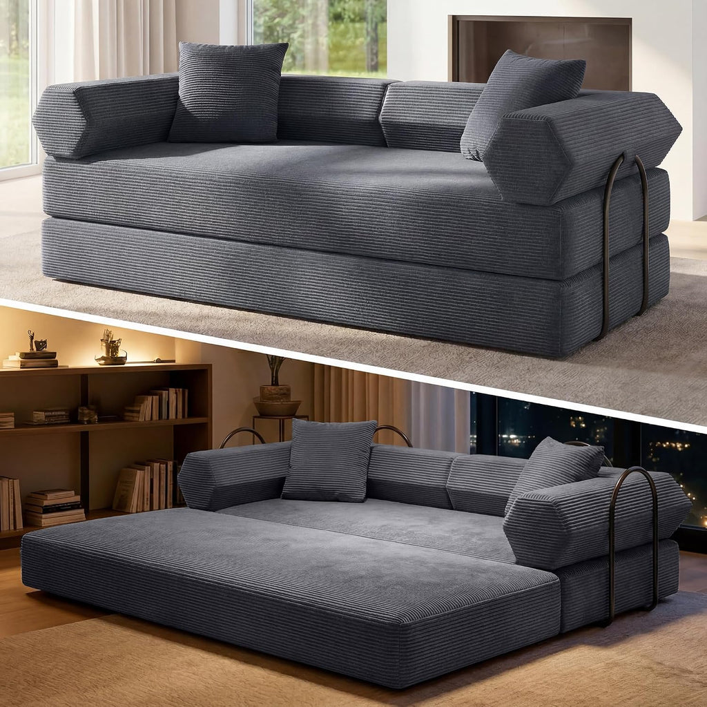 79" Convertible Futon Sofa Bed, Couch for Living Room | Dark Gray | Corduroy Loveseat Sleeper Sofa, Modular Futon Couch with Pocket Spring Core, Pull Out Couch No Assembly