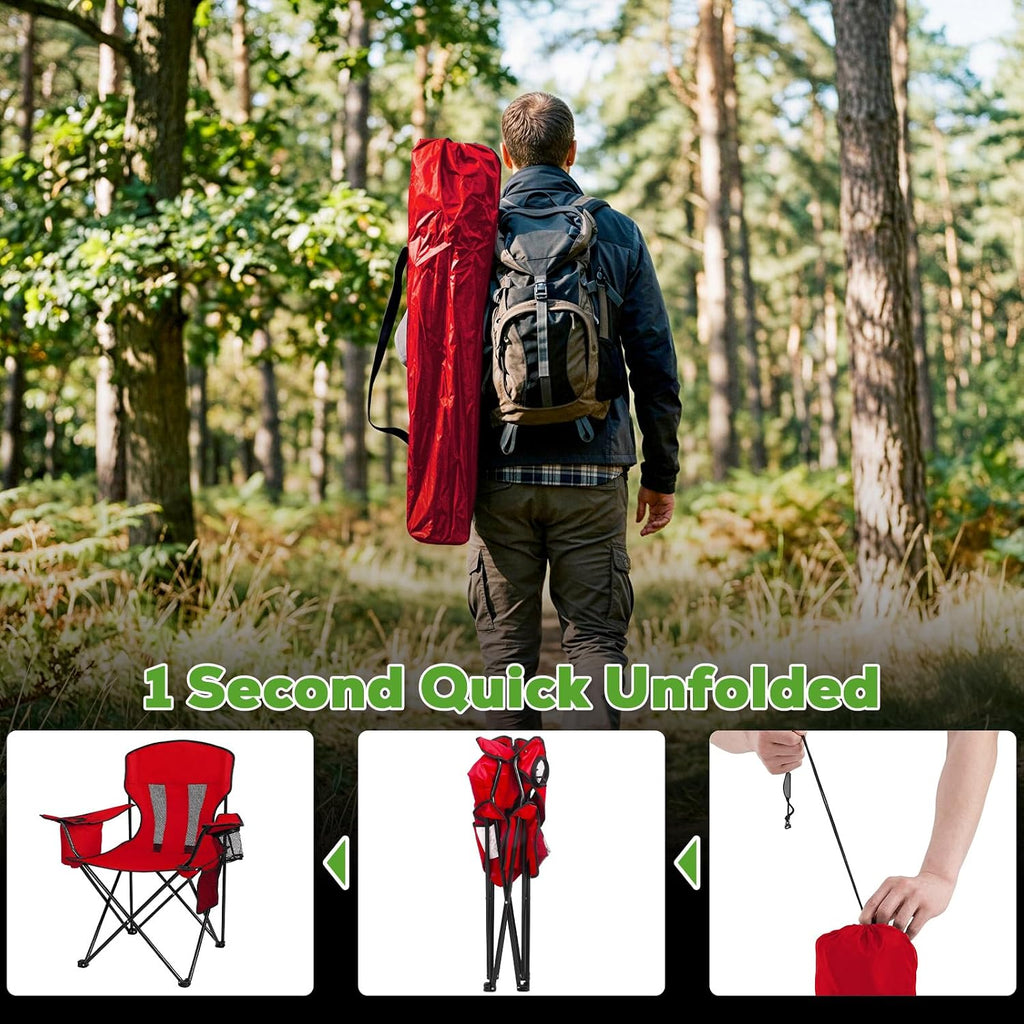 Heavy Duty Camping Chair 2-Pack, 400 LBS Capacity Folding Outdoor Chair with Cooler Bag, Oversized Portable Chair with Mesh Back & Cup Holder for Camping, Fishing, Tailgating (Red)