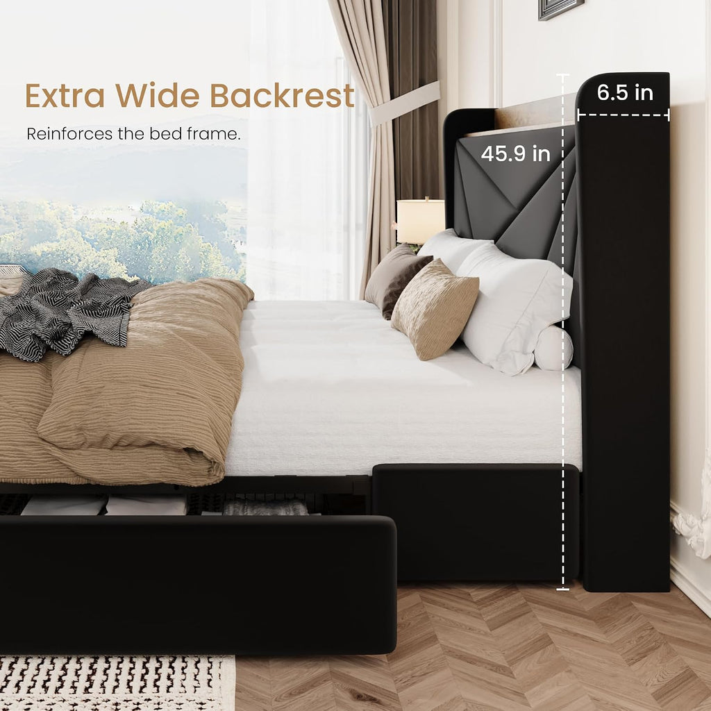 SHA CERLIN Queen Bed Frame, Storage Headboard with Drawers, Charging, Black