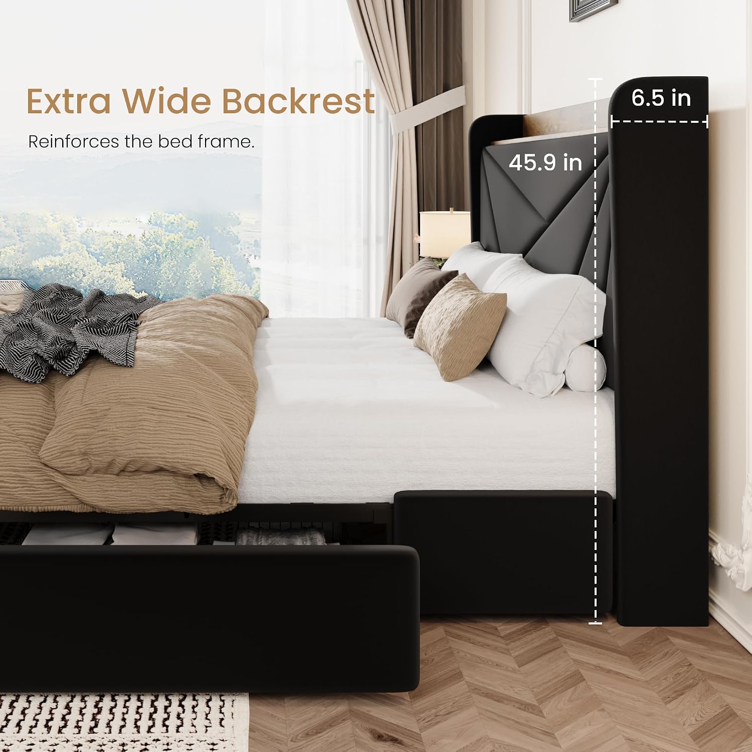 SHA CERLIN Queen Bed Frame, Storage Headboard with Drawers, Charging, Black