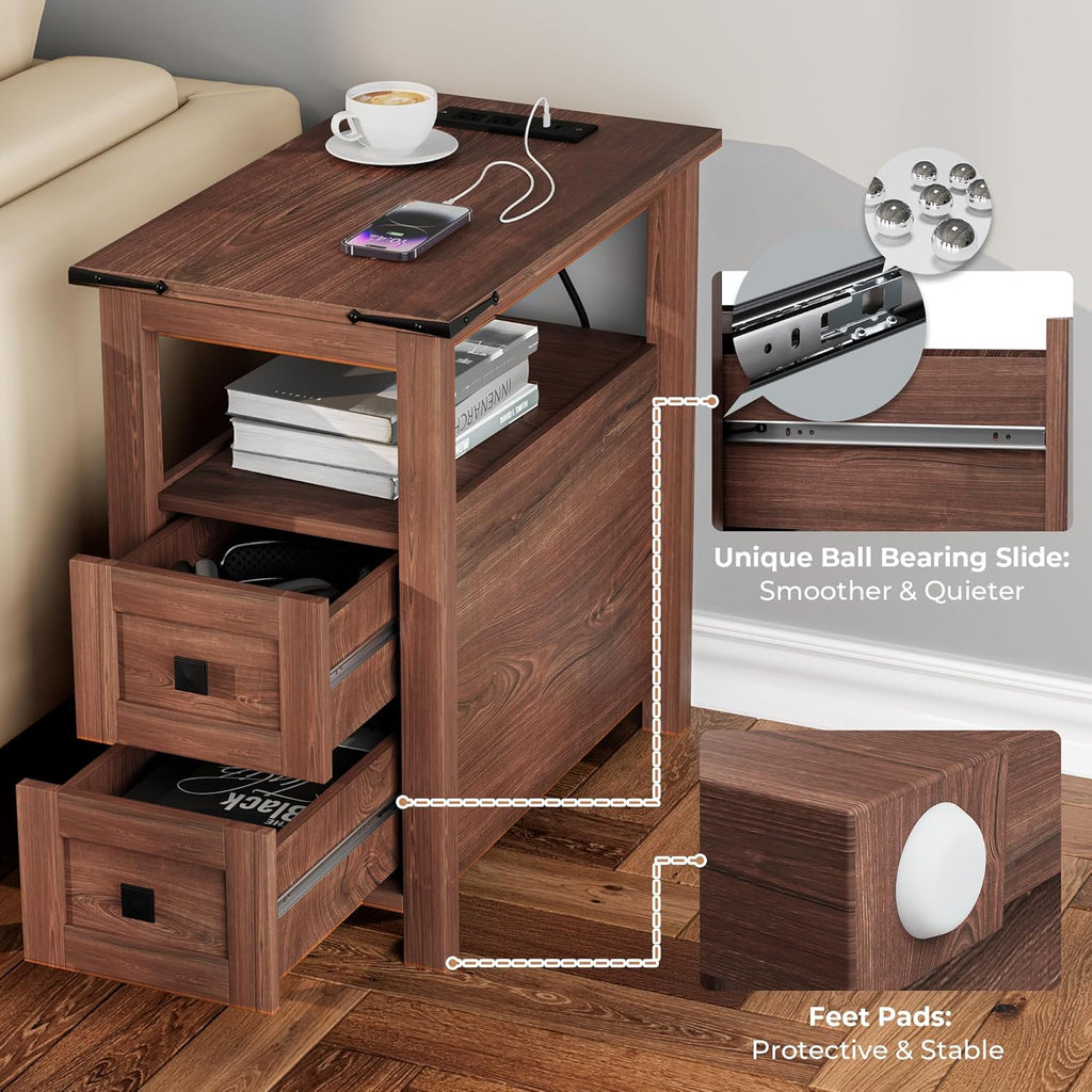 VVFLU Farmhouse End Table with Charging Station and 2 Storage Drawers, Cherry Wood Nightstand Narrow, Skinny Side Table Rustic, Slim Bedside Table, Open Shelf, Small for Bedroom, Living Room, Sofa