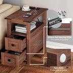 VVFLU Farmhouse End Table with Charging Station and 2 Storage Drawers, Cherry Wood Nightstand Narrow, Skinny Side Table Rustic, Slim Bedside Table, Open Shelf, Small for Bedroom, Living Room, Sofa