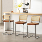 Zesthouse Natural Rattan Counter Stools Set of 2, 26" Modern Boho Barstools | Mid Century Modern Barstool with Cane Mesh & Chrome Base, Vintage Faux Leather Counter Height Chair for Kitchen Island, Brown