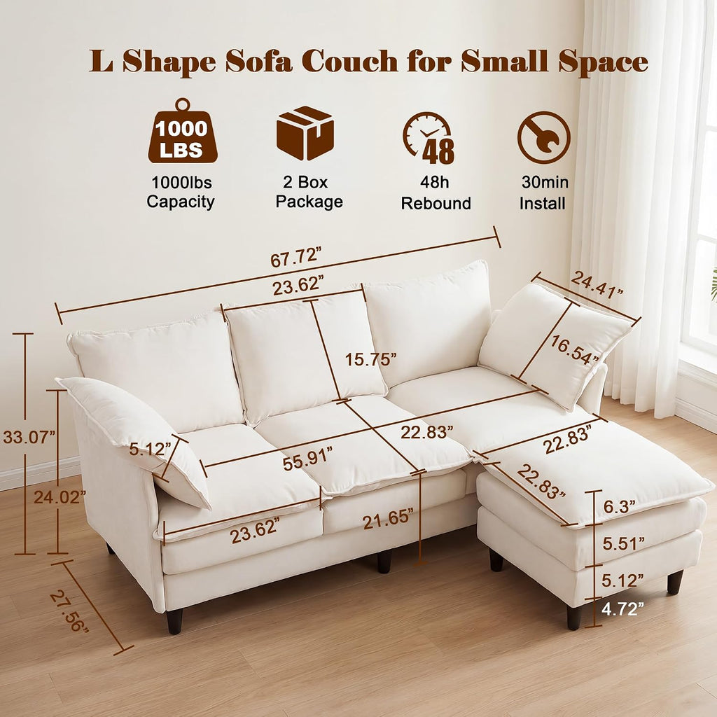 69" Couch Sofa L-Shape 3 Seat with Ottoman, Small Cloud Sofa Double-Layer Cushion 23" Deep Seat Washable Chenille Pillows Couches for Living Room Apartment Office 69-Beige-L