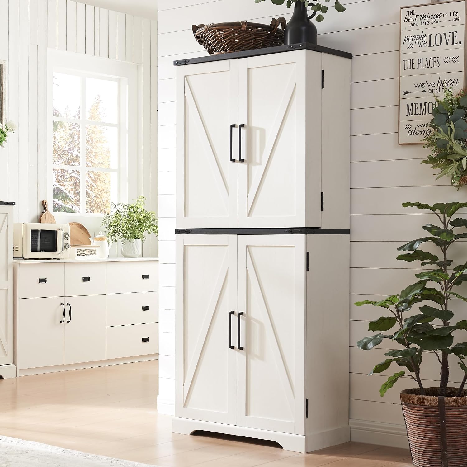 ACCOHOHO 72" Tall Wooden Pantry Storage Cabinet with Door Shelves & Drawer | Farmhouse, Barn Doors, Adjustable Shelves, Freestanding, Anti-tip Kit, for Kitchen, Dining Room, Living Room
