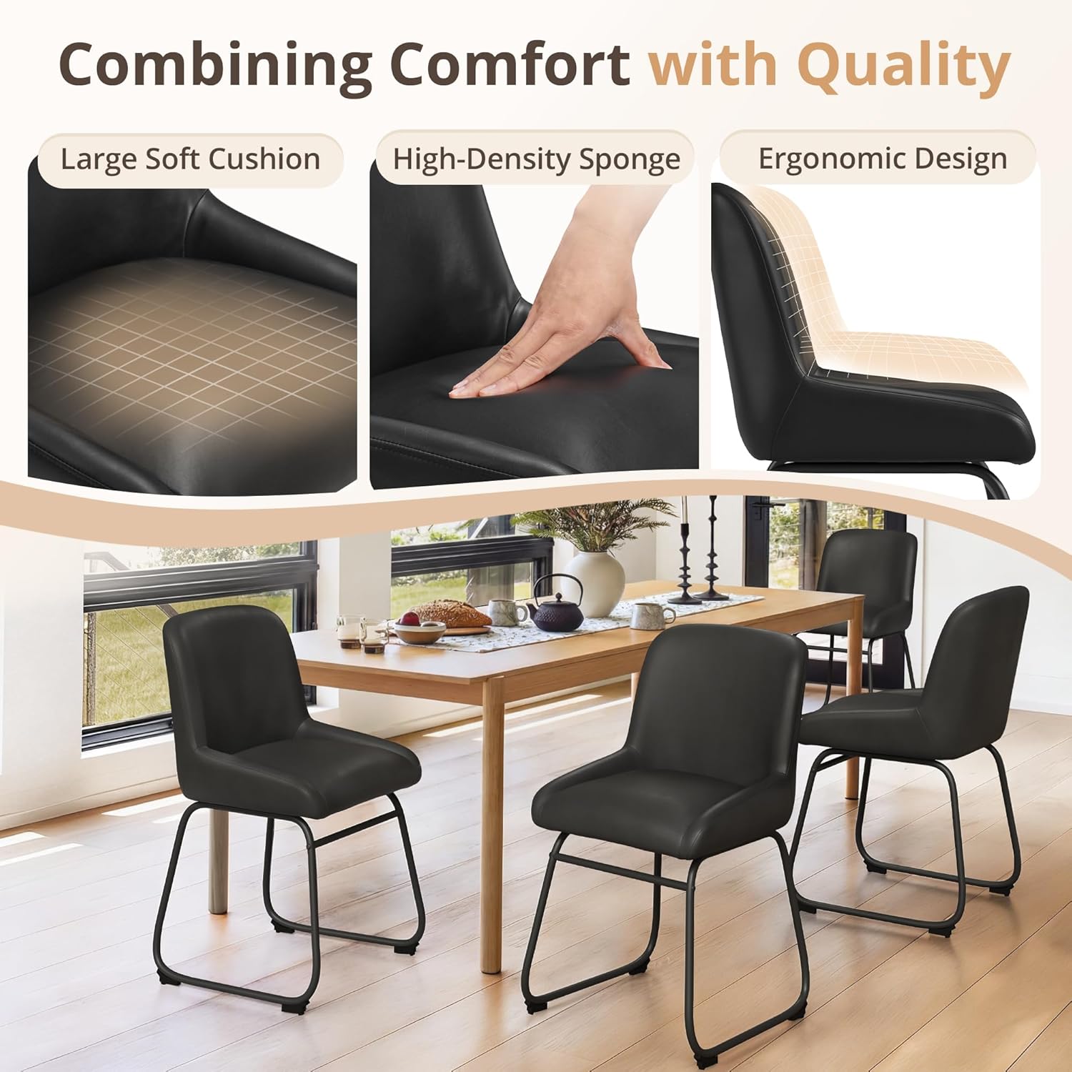 LUE BONA Comfortable Dining Room Chairs Set of 4, Modern Upholstered Kitchen Chairs with Padded Back & Thick Metal Legs for Dining Room, Black PU Leather