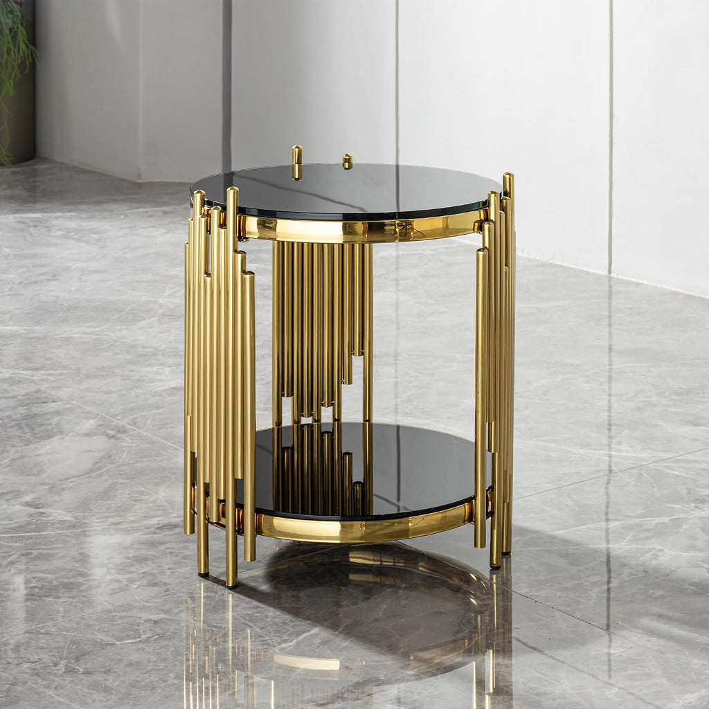 Set of 2 Modern Luxury 2-Tier Round End Tables, Black Tempered Glass Tops, Gold Stainless Steel Frames, Small Elegant Side Tables for Living Room, Bedroom, Office, or Café