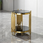 Set of 2 Modern Luxury 2-Tier Round End Tables, Black Tempered Glass Tops, Gold Stainless Steel Frames, Small Elegant Side Tables for Living Room, Bedroom, Office, or Café