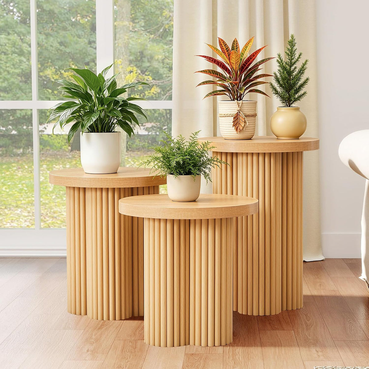 Nesting Coffee Table Set of 3, Fluted Round Nesting Tables Mid Century Modern Coffee Table Boho Wooden Accent End Table Set for Living Room Home Office Small Space