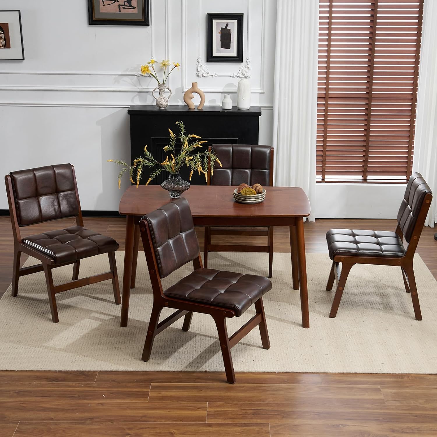 Furniliving Oak Wooden Dining Chairs Set of 2, Mid-Century Modern Leather Upholstered Kitchen Chair, Farmhouse Dining Room Chairs with Wide Seat, Brown