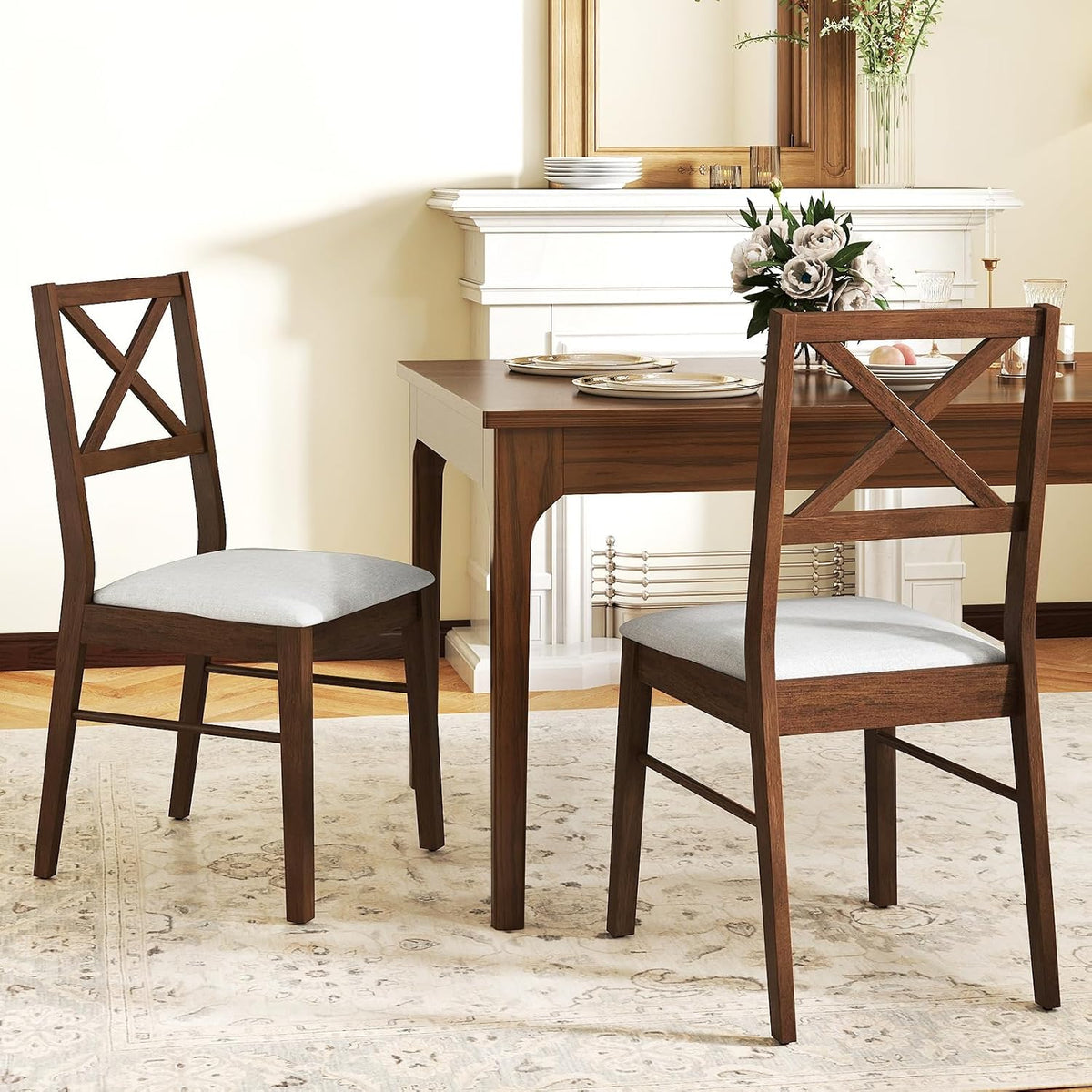 COSTWAY Wood Dining Chairs Set of 2, Upholstered Farmhouse Modern Dining Room Chairs with Backrest and 400LBS Capacity for Kitchen (Brown)
