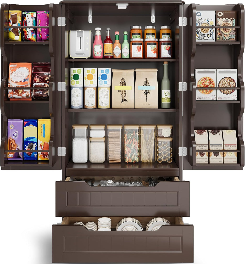Gizoon 47'' Kitchen Pantry Cabinet with Drawers for Dining Room, Dark Brown | Small Food Pantry Storage Cabinet with 6 Door Shelves for Snacks and Spices, Craft Storage Cabinet for Craft Room