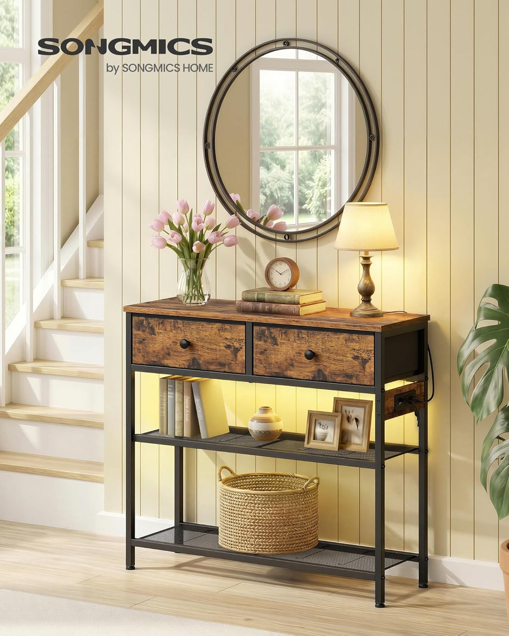 SONGMICS Console Table with Charging Station, Narrow Sofa Table with LED Lighting, for Entryway, Living Room, 11.8 x 30.2 x 31 Inches, 2 Fabric Drawers, Rustic Brown, BELLAH Collection ULGS175K101