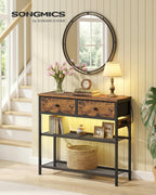 SONGMICS Console Table with Charging Station, Narrow Sofa Table with LED Lighting, for Entryway, Living Room, 11.8 x 30.2 x 31 Inches, 2 Fabric Drawers, Rustic Brown, BELLAH Collection ULGS175K101