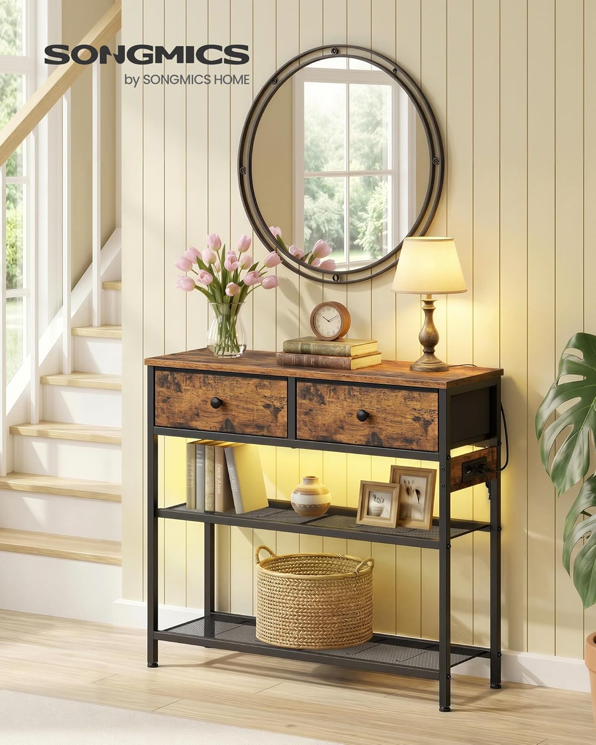 SONGMICS Console Table with Charging Station, Narrow Sofa Table with LED Lighting, for Entryway, Living Room, 11.8 x 30.2 x 31 Inches, 2 Fabric Drawers, Rustic Brown, BELLAH Collection ULGS175K101