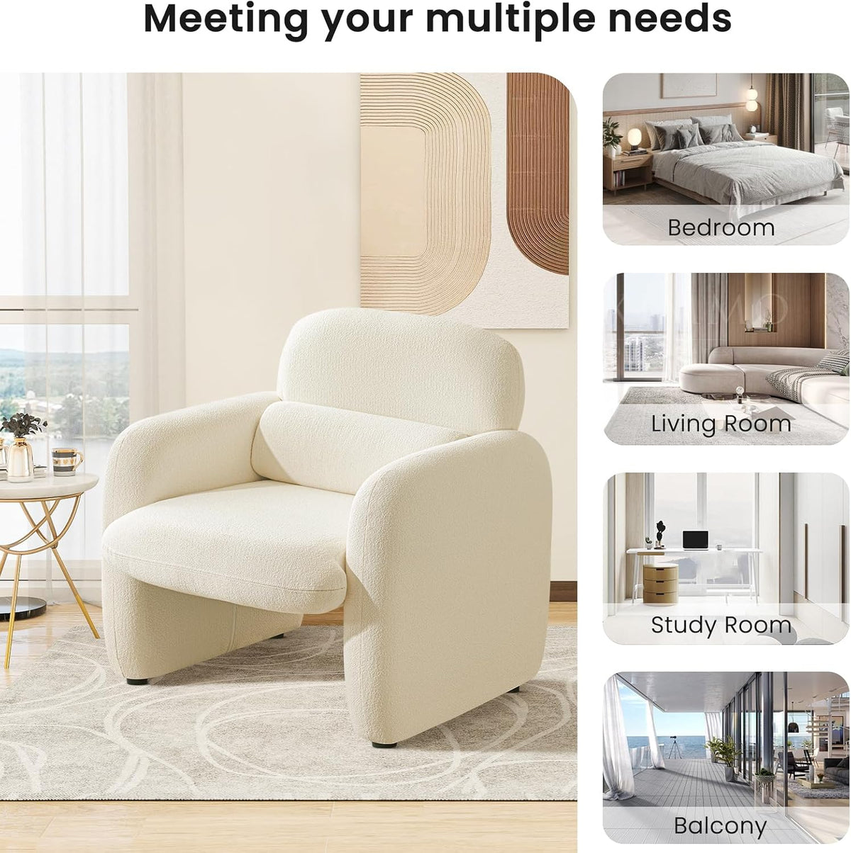 Furniliving 30.5" Chenille Accent Chair, Modern Upholstered Armchair with Solid Wood Legs, Comfy Reading Chair for Living Room Bedroom, Wide Single Sofa Chair（White，Set of 1）
