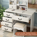 Vanity Desk Set with Lighted Mirror and Upholstered Stool, Vanity Table with Sliding Mirror LED Lighted - 3 Color Models, Makeup Desk with 6 Drawers & 5 Shelves & Stool, Makeup Table for Bedroom Apt