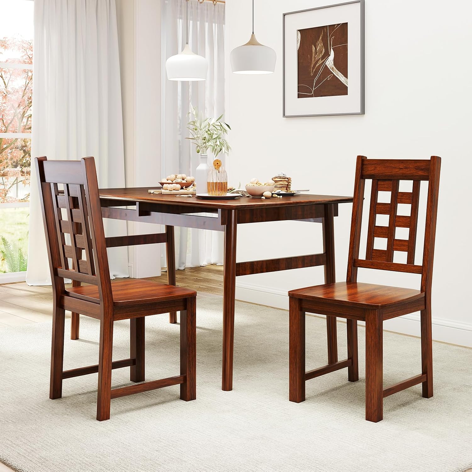GIANTEX Wooden Dining Chairs Set of 2, Kitchen Chair w/Solid Rubber Wood Frame, High Hollowed Backrest, Wide Seat, 400 LBS Load, Farmhouse Side Chairs for Kitchen, Dining Room, Living Room