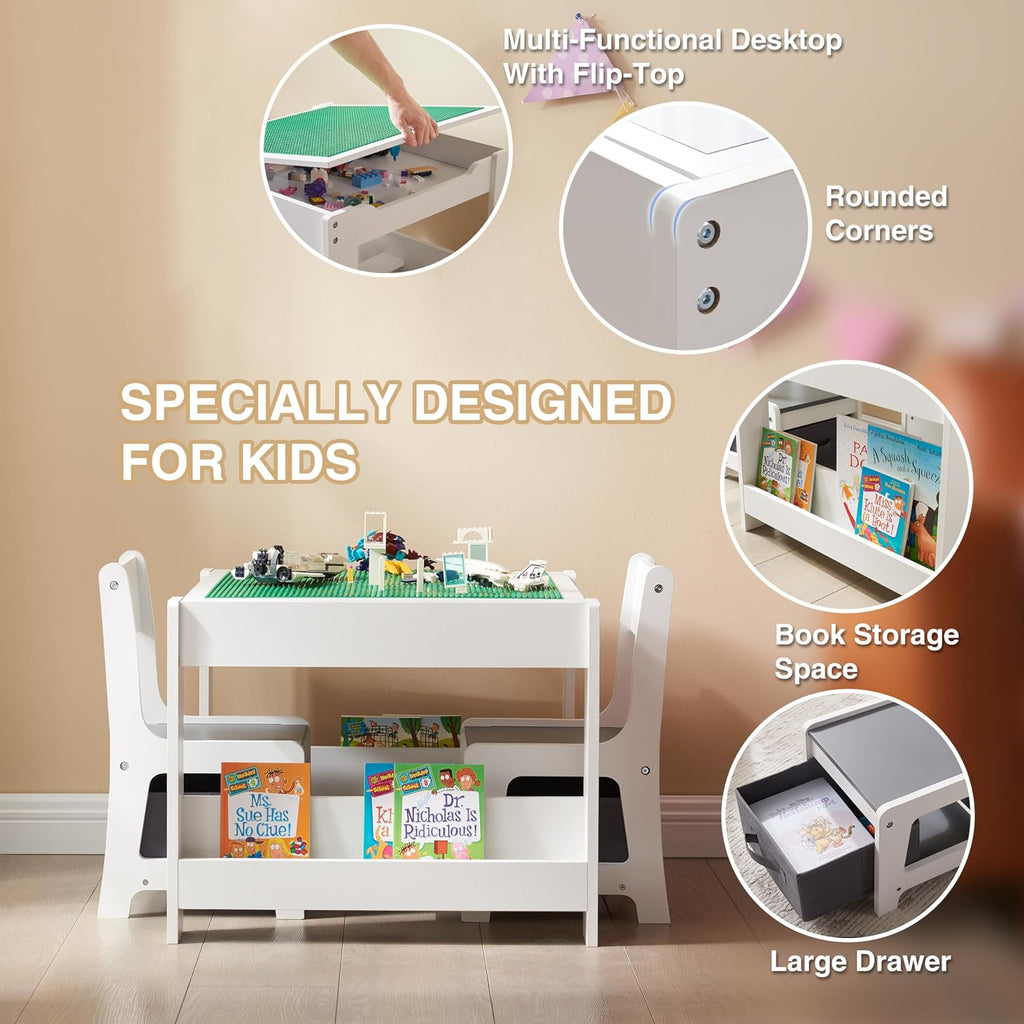 GABHX Kids Table and Chair Set, 3 in 1 Wooden Activity Table with Bookshelves and Storage Drawer, 2 in 1 Detachable Tabletop Construction Play Table Set for Drawing, Reading