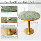 31.5'' Tulip Table, Round Pedestal Dining Table with Sintered Stone Tabletop, Golden Edge & Base, Bistro Table for 2-4 Person for Dining Room/Cafe/Small Spaces/Restaurant (Rainforest Green Marble)