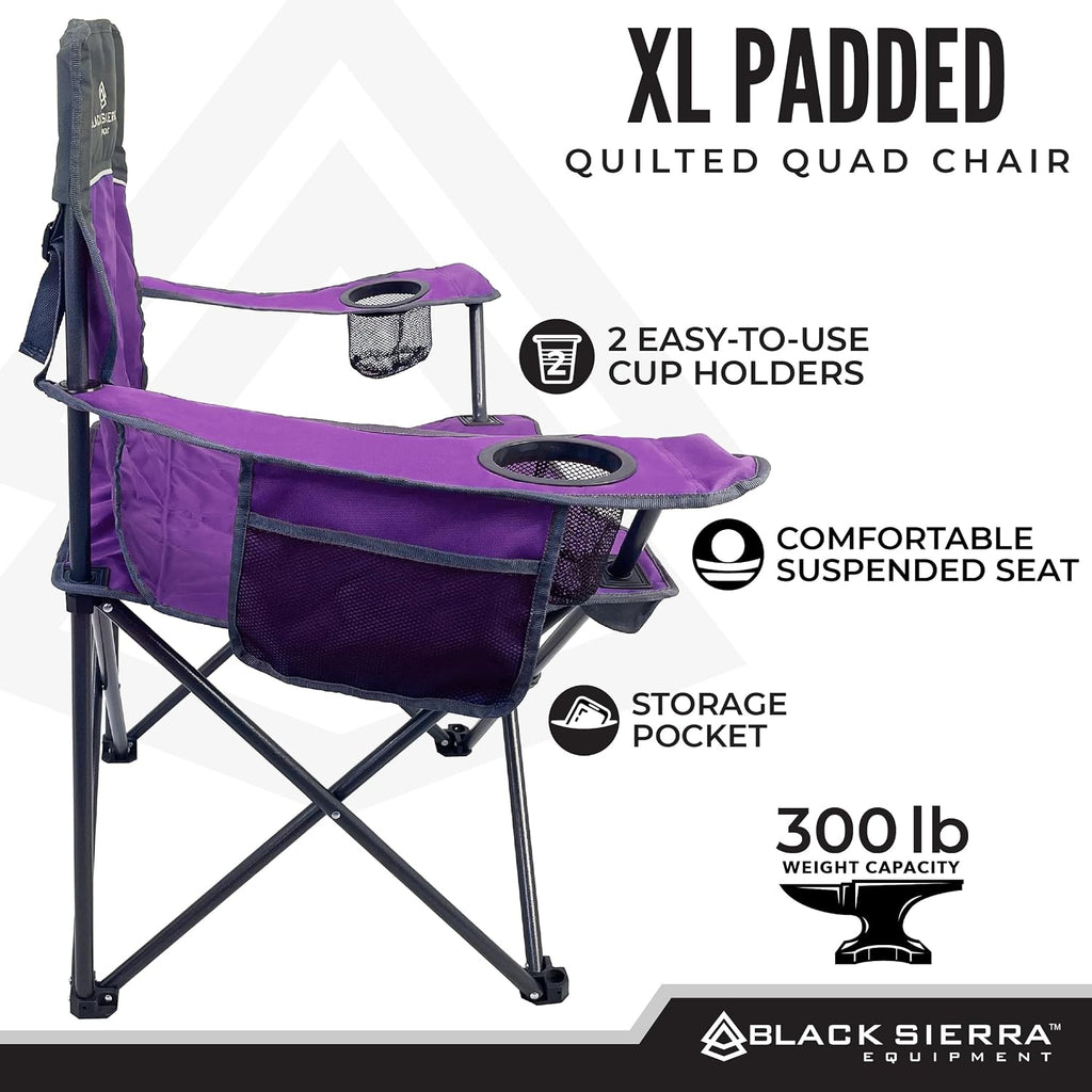 Black Sierra Quilted Padded Camping Chair, Oversized Heavy Duty Outdoor Lounge Seat Supports 300 lbs, Portable, Folding with Cup Holder for Beach, Tailgating, Sports, Patio