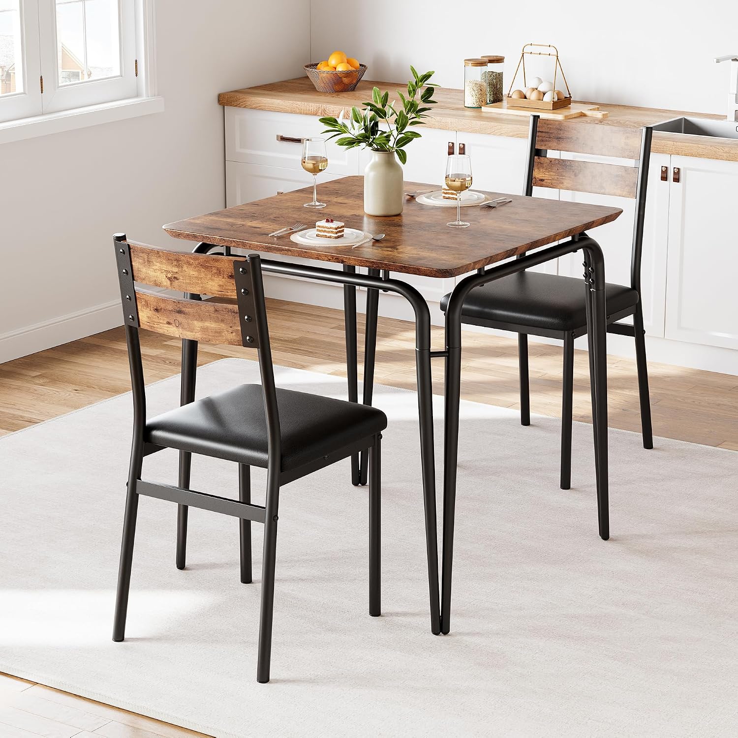 GAOMON 3-Piece Dining Table Set, Sturdy Wooden Square Table and Chair Breakfast Table Set for 2 Person,for Home or Commercial Dining Room,Vintage Brown