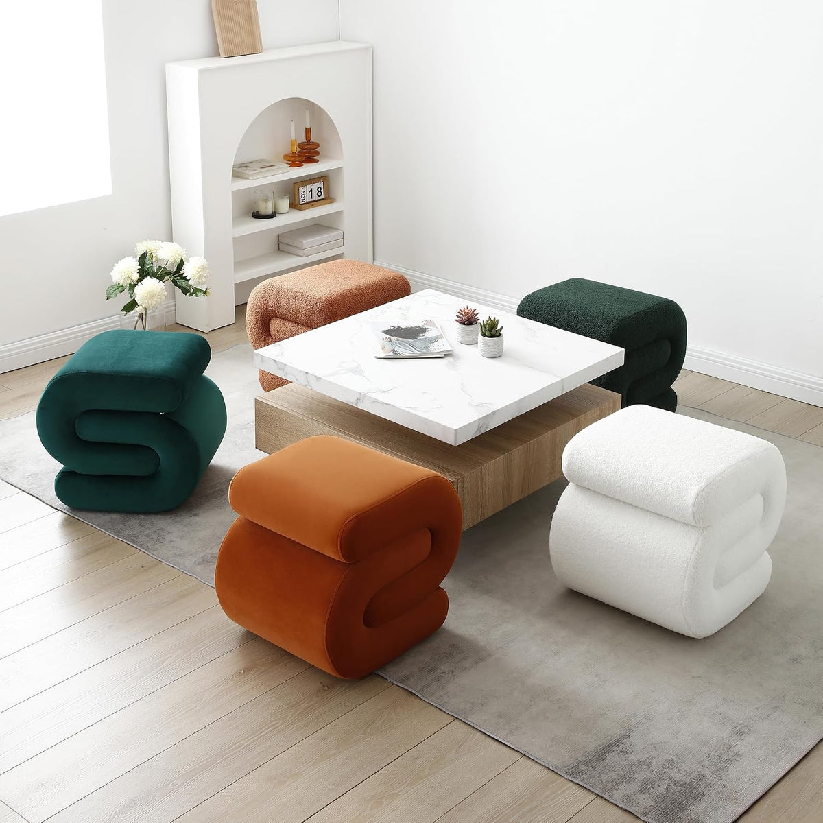 FOXHUNTER S Shape Modern Pouf Ottoman Vanity Stool, Velvet Orange | Footstool with Sponge Filling, No Assembly Required, Soft Shoe Stool, for Makeup Room Living Room Bedroom Entrance