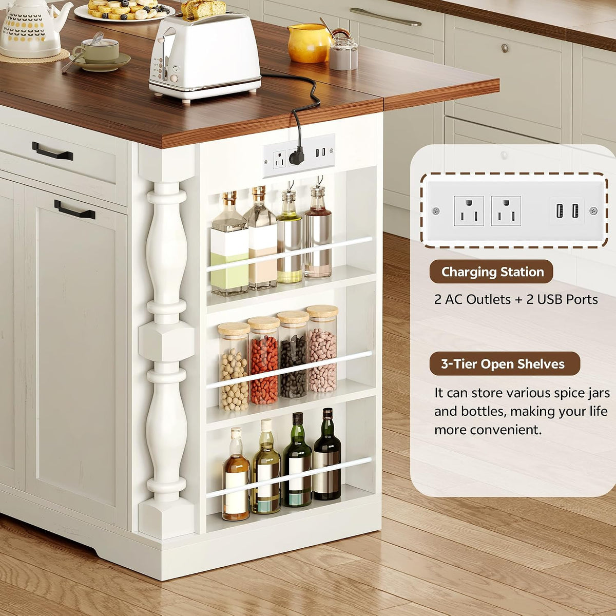 Kitchen Island with Drop Leaf, 47.6" Kitchen Island with Storage | with Power Outlet & Trash Bin Rolling Kitchen Cart with Spice Rack Island Table for Kitchen Breakfast Home Bar, Antique White