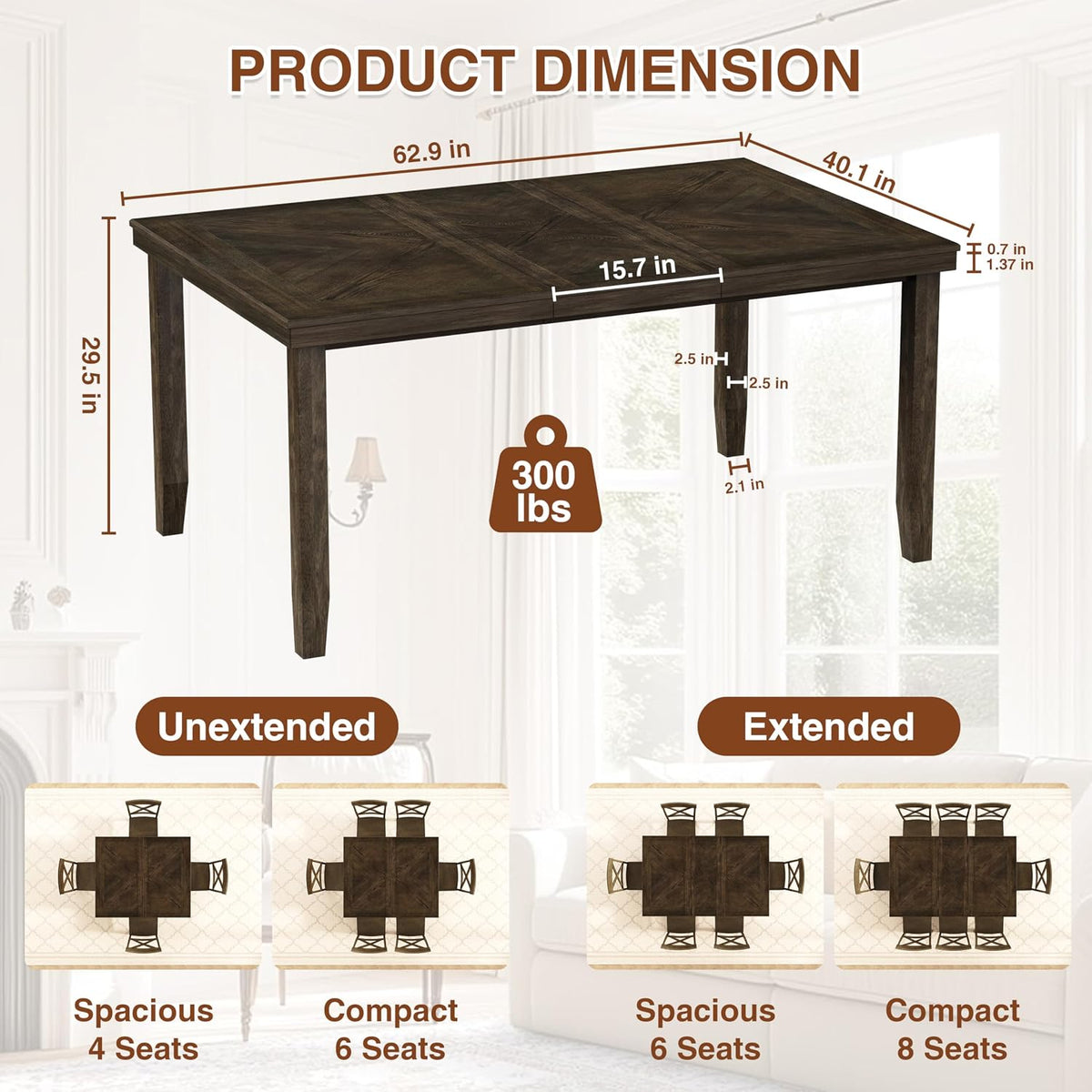 47.2in-63in Solid Wood Extendable Dining Table for 4-8, Unique Wood Grain, Modern Farmhouse Kitchen Dining Table for Small Spaces, Dining Room, Kitchen, Living Room