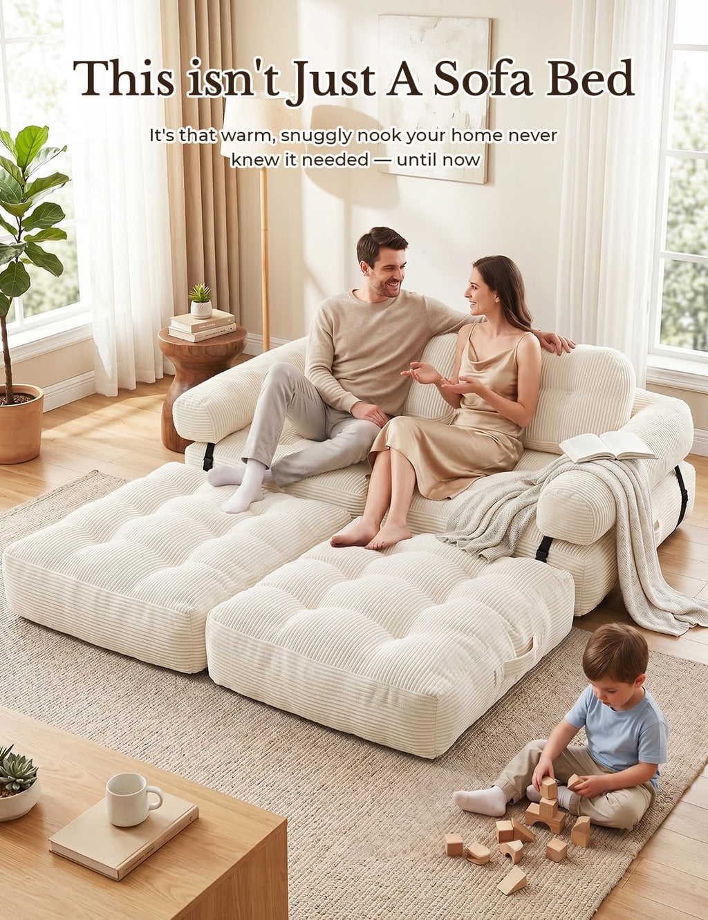 Folding Sofa Bed, L-Shaped Couch Back Support and Arm Pillow Futon | Convertible Sofa Bed for Living Room/Guest Use/Home Office, Foldable Couch for Adults, Beige