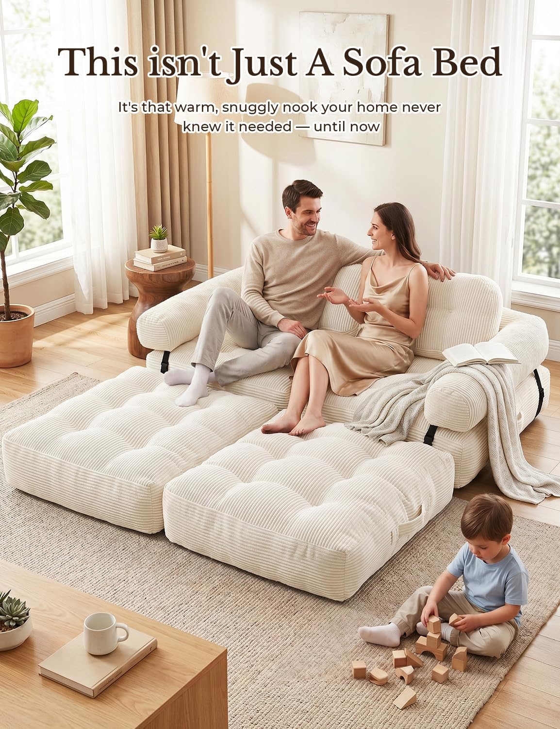 Folding Sofa Bed, L-Shaped Couch Back Support and Arm Pillow Futon | Convertible Sofa Bed for Living Room/Guest Use/Home Office, Foldable Couch for Adults, Beige