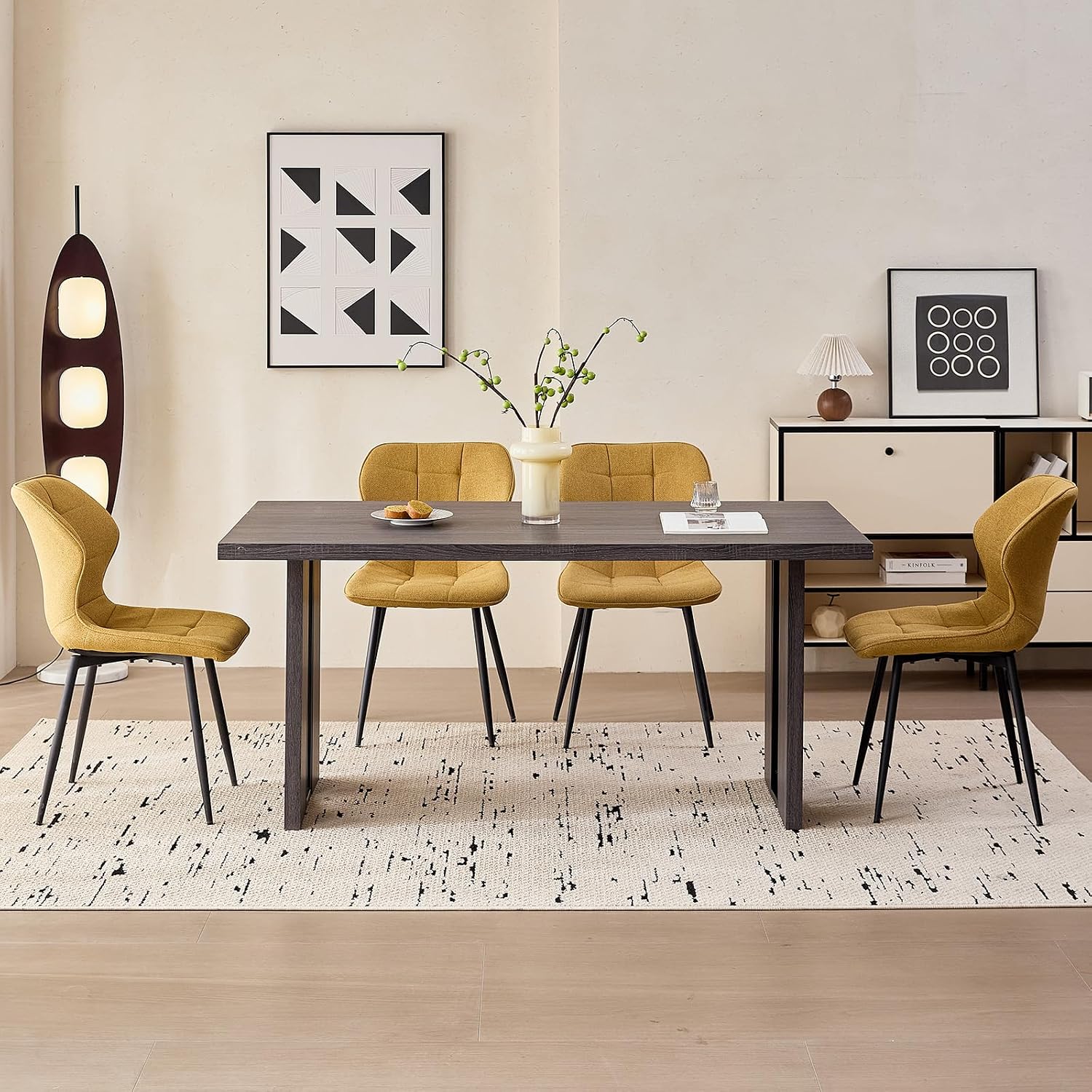 Modern Upholstered Dining Chairs Set of 4, Yellow(Only Chairs) | Armless Curved Backrest Dining Room Chair Water Resistant Fabric Kitchen Chairs with Adjustable Foot Pads for Living Room