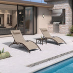 PURPLE LEAF Oversized Pool Chaise Lounge with Table Bronze Aluminum, Khaki | 2 Chaise + 1 Table, UV Textilene Fades Less, S-Curve Backrest with Arm, 5 Recline Angles, Adjustable Headrest, Stackable