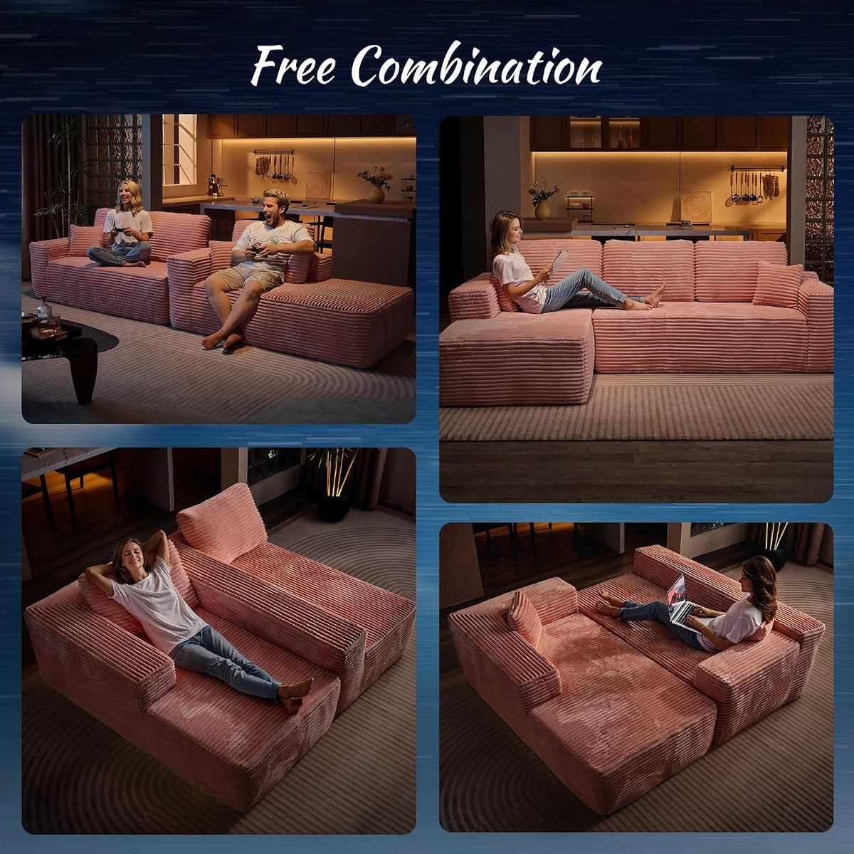 ovios 104" Cloud Couch with Glitter Fabric, Moudular Sectional Sofa with Deep Seat, No Assembly Required, Modern Minimalist L Shaped Couches with Chaise for Living Room, Pink