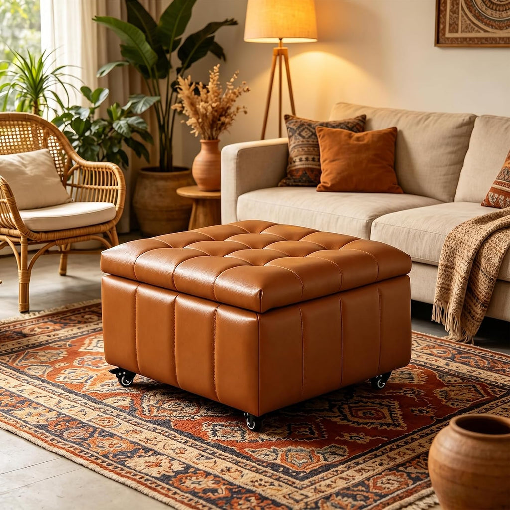 Square Leather Ottoman with Storage and Wheels,360°Rolling ottoman,Faux Leather Flip Top Storage Footstool Coffee Table, Rolling Upholstered Storage Ottoman for Living Room Entryway Bedroom (Brown)