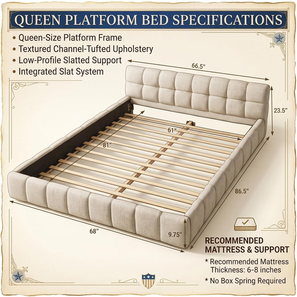 Chenille Fabric Upholstered Platform Bed Frame with Soft Headboard, Modern Low Profile Grounded Design, No Box Spring Needed, Sturdy MDF & Wood Frame, Neutral Style, Beige, Queen