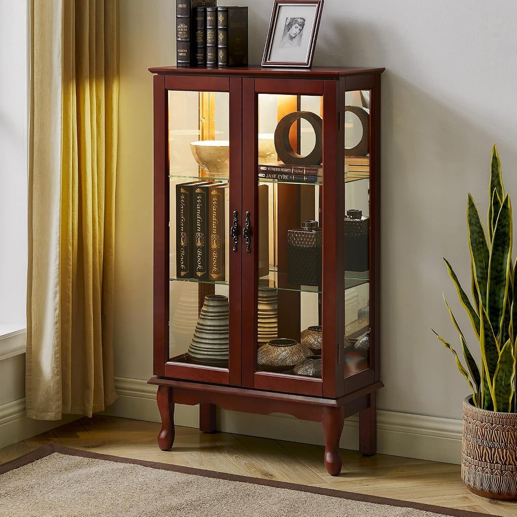 Ball & Cast Lighted Curio Cabinet,3-Tier Glass Display Cabinet with Adjustable Glass Shelves and Mirrored Back Panel for Living Room,E26 Light Blub not Included,Cherry