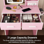 Small Vanity Desk Set with Mirror and Adjustable LED Lights, Compact Pink Dressing Table with Built-in Power Outlet and Hidden Storage, Padded Stool & Shelf, Space-Saving Makeup Table for Bedrooms