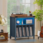 Joaxswe Large Record Player Table with Charging Station & LED Lights, Blue Vinyl Record Storage Cabinet Holds up to 230 Albums, Turntable Stand with Display Shelf for Music Room Bedroom Living Room