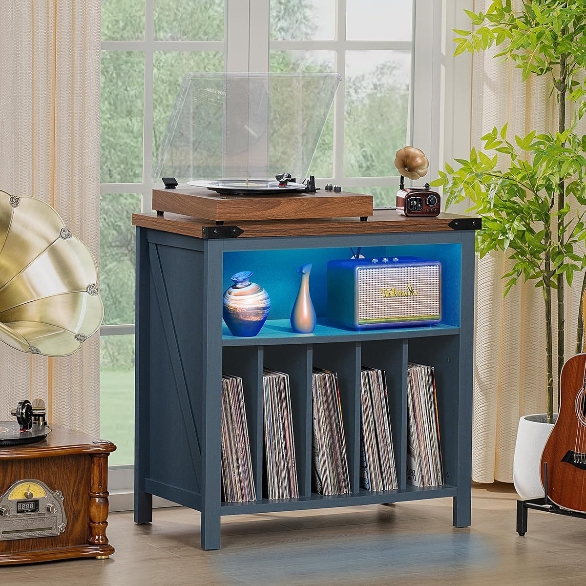 Joaxswe Large Record Player Table with Charging Station & LED Lights, Blue Vinyl Record Storage Cabinet Holds up to 230 Albums, Turntable Stand with Display Shelf for Music Room Bedroom Living Room