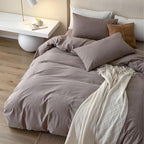 JIYUAN 100% Washed Cotton Duvet Cover Set 3 PCS Super King Plus, 1 Duvet Cover 120x120 Inches(Comforter Not Included) and 2 Pillowcases,Linen Like Comfy and Breathable, Heathered Mauve Brown