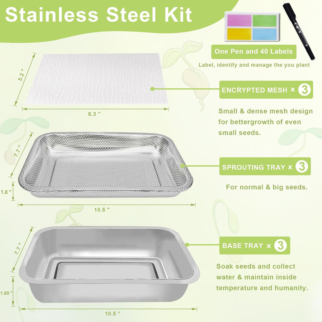 Stainless Steel Sprouts Growing Kit 3-Tier 10.4 inch Trays, Microgreens Growing Kit, Seed Sprouting Tray with Encrypted Mesh Sprouts for Beans Alfalfa Broccoli Wheat Grass