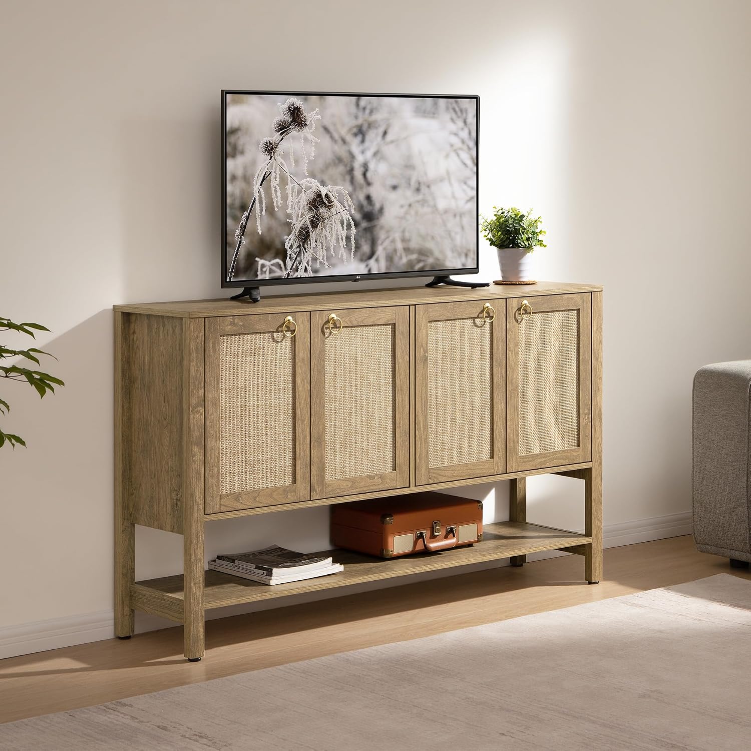 SICOTAS 55" Cherry Sideboard Buffet Cabinet with Rattan Doors, Rustic Farmhouse Coffee Bar Cabinet with Open Shelf, Warm Wood Credenza & Console Table for Kitchen, Dining Room, Entryway