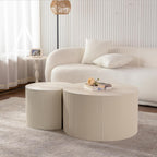 WILLIAMSPACE Beige Round Nesting Coffee Table Set of 2 with Wave Stripe, Modern Wooden Circle Drum Tables Center Table Accent Side Crescent Shape Table for Living Room, No Assembly, 18.9" + 14.96"